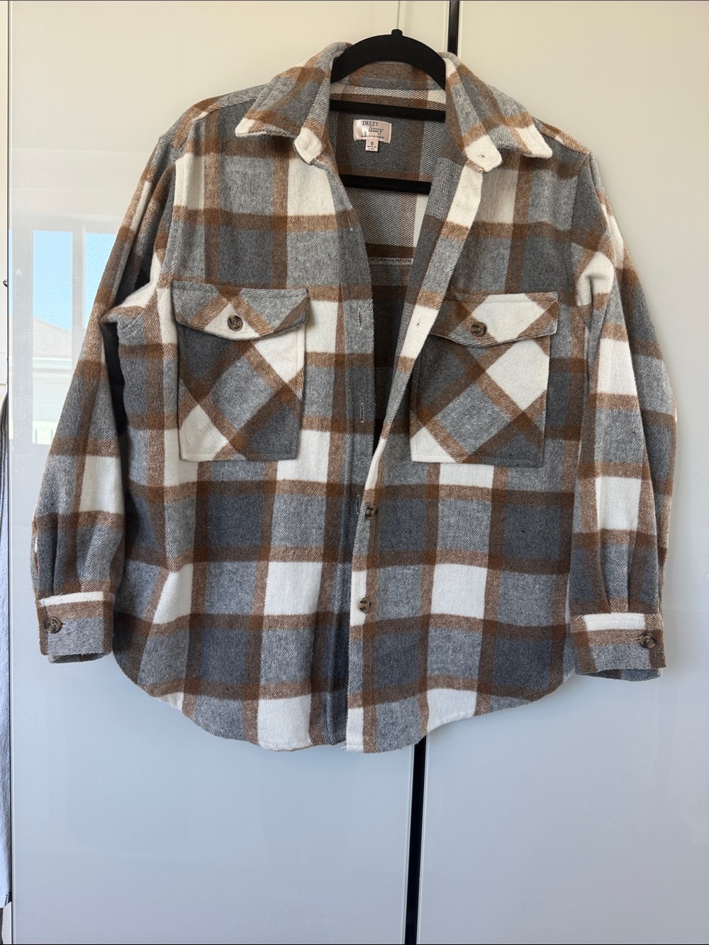 Cozy Plaid Button-Up Shacket in Gray, White & Brown